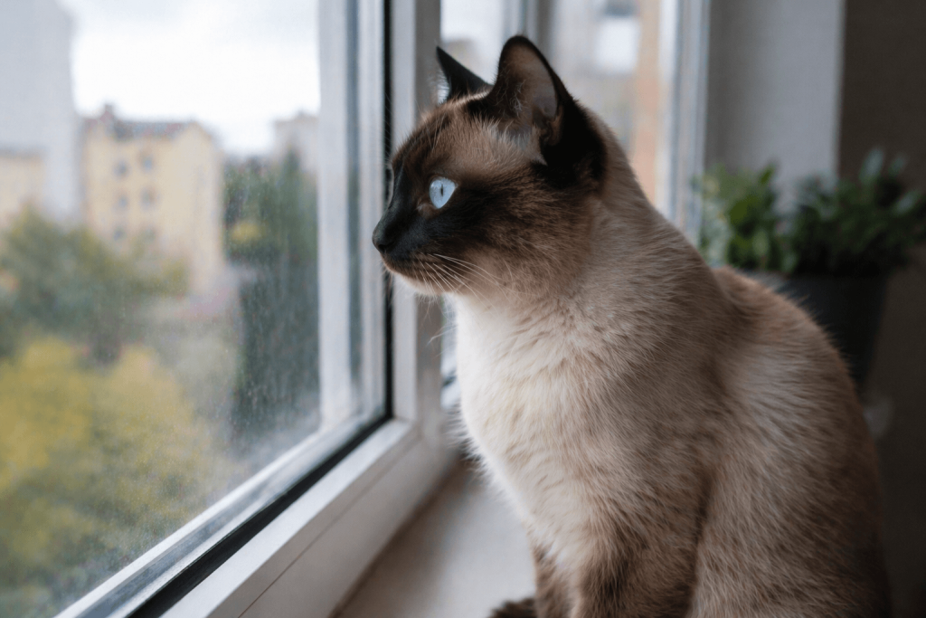 Siamese cat sitting on window watching outside from indoors