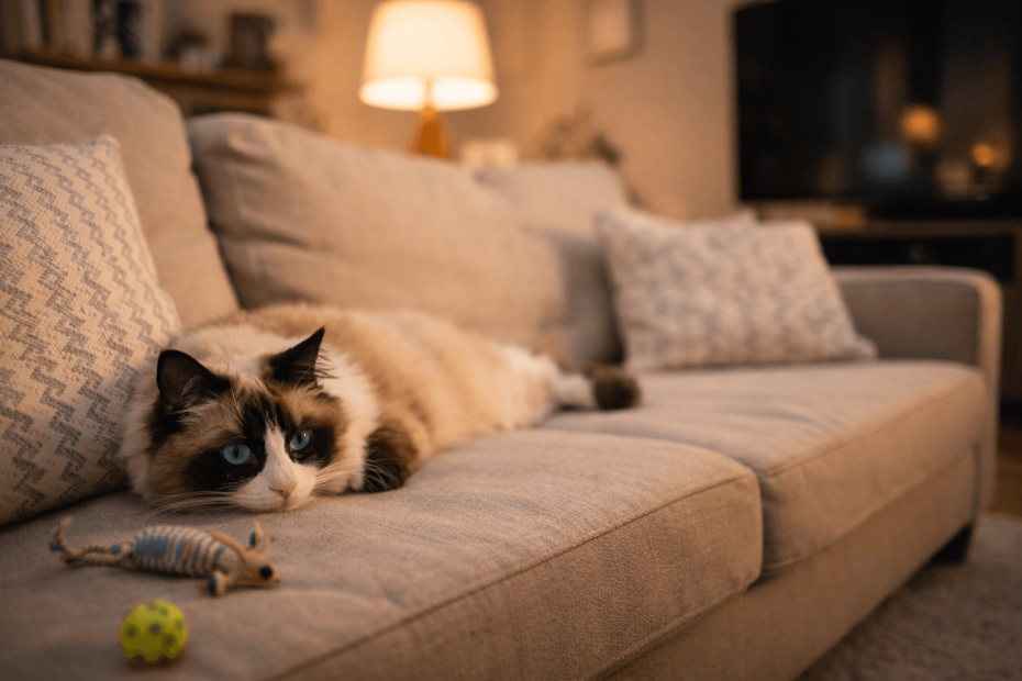 Ragdoll cat lying inactive on sofa showing low activity indoors