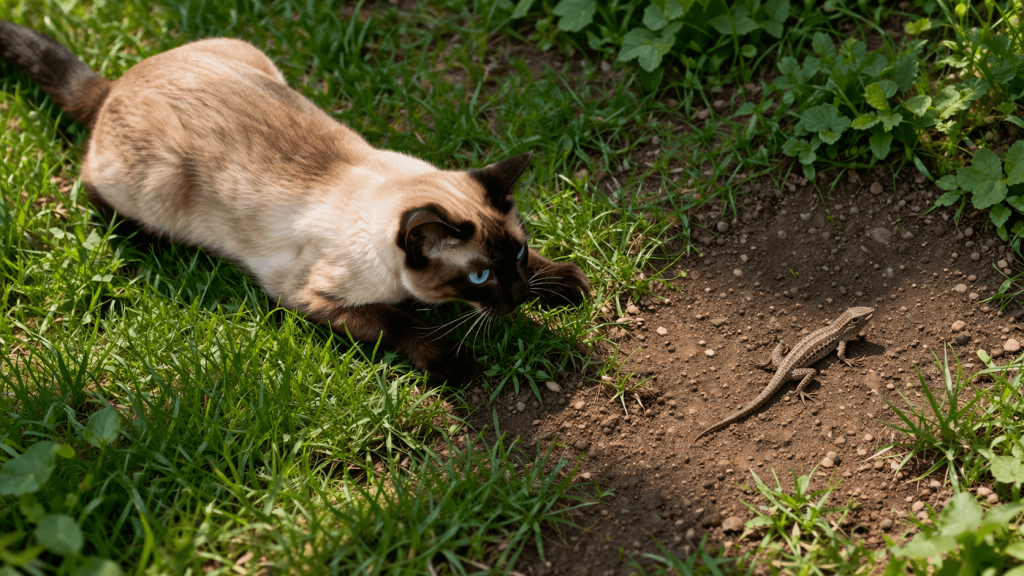 cat showing natural hunting behavior towards a lizard outdoors