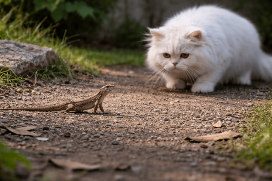 Persian cat watching a lizard in outdoors