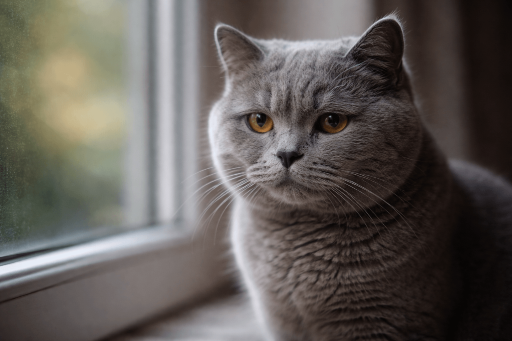 British Shorthair cat sitting alone by window looking sad