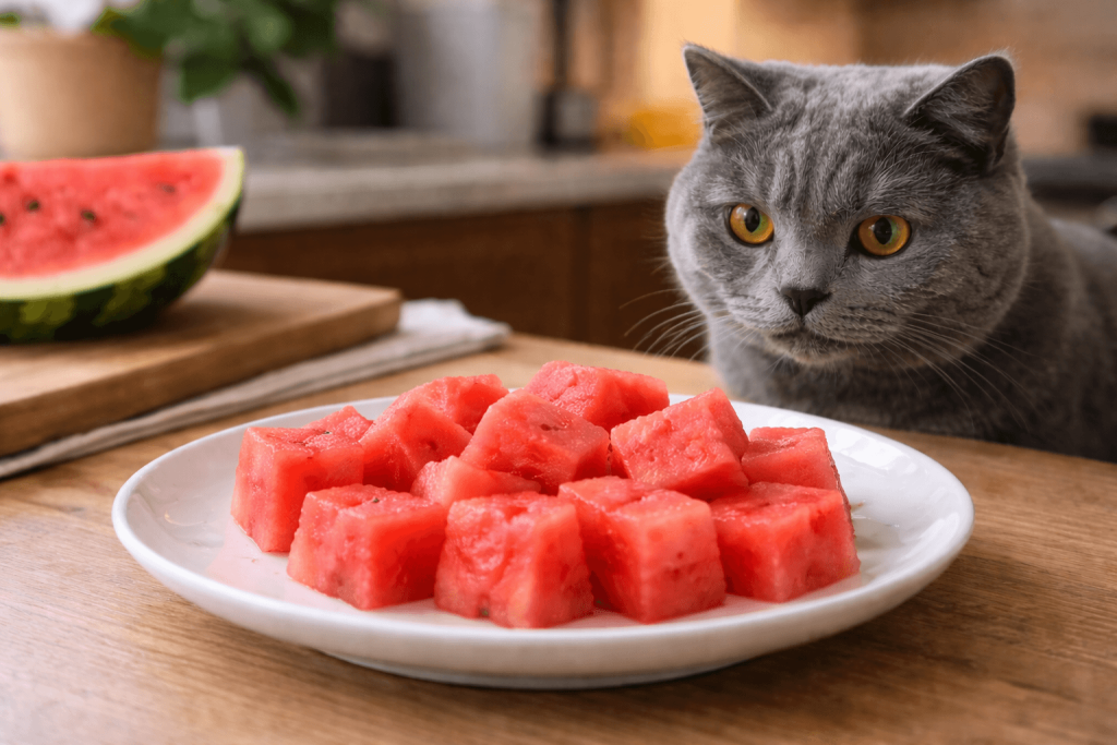 small cut watermelon pieces prepared safely for cats
