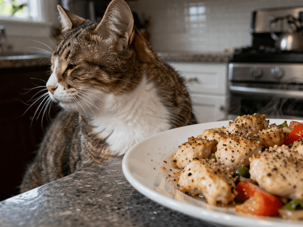 cat avoiding food with black pepper seasoning