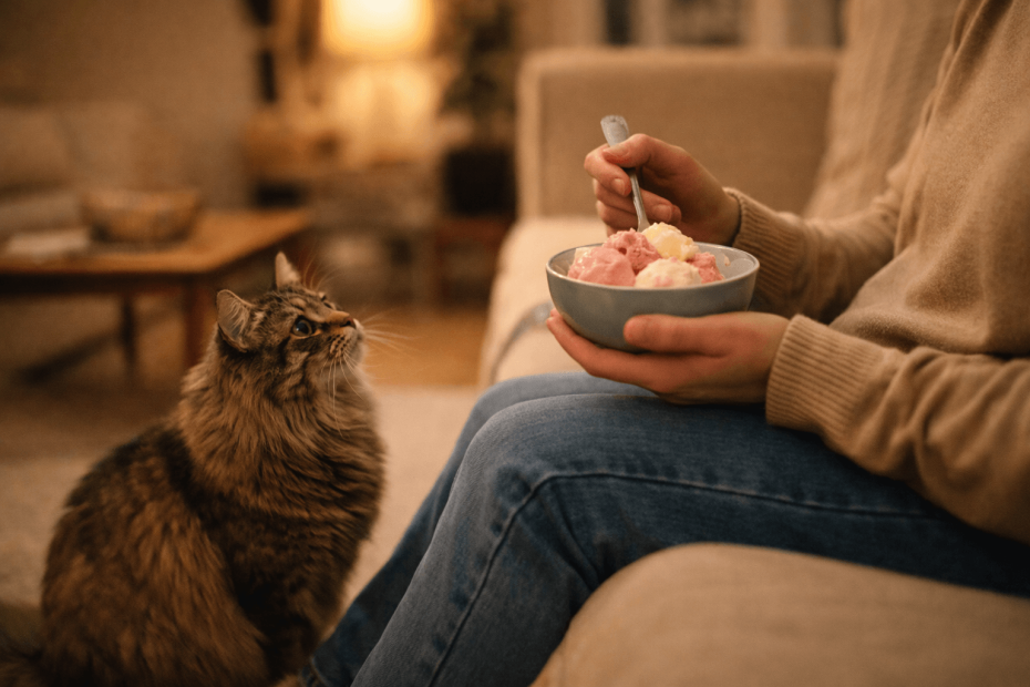 cat looking at ice cream while owner sits on couch