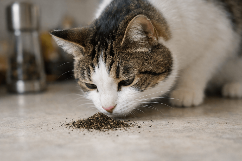 indoor cat sniffing black pepper powder on floor