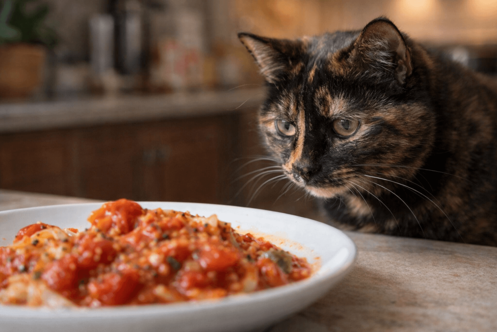 cat near tomato-based seasoned food with spices