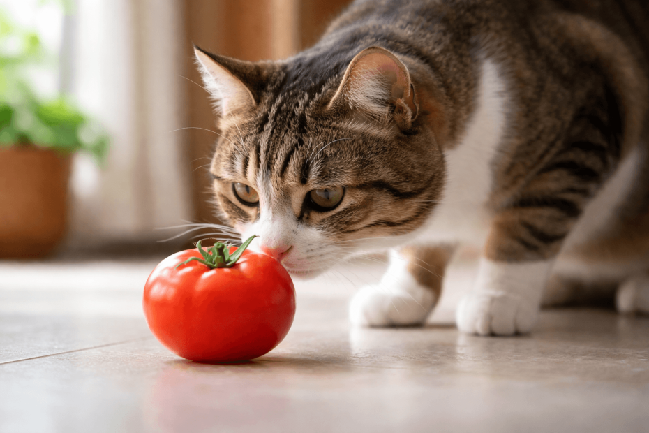 cat sniffing a fresh ripe tomato on kitchen floor