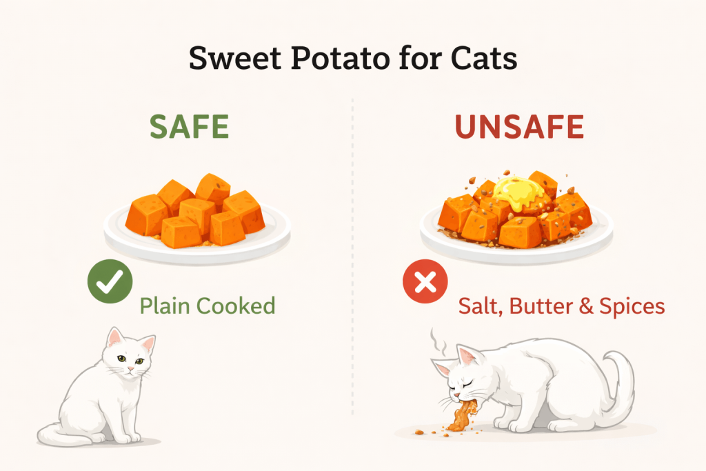 safe vs unsafe sweet potato preparation for cats