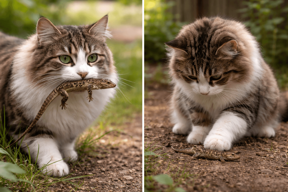 cat catching a lizard outdoors