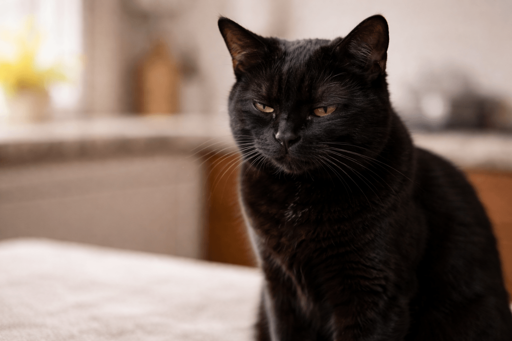 black cat showing mild discomfort after eating chili