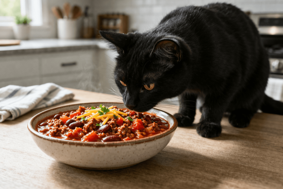 black cat sniffing a bowl of chili food on table