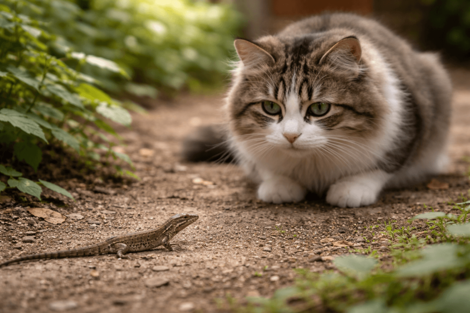 cat observing a small lizard in outdoor garden setting