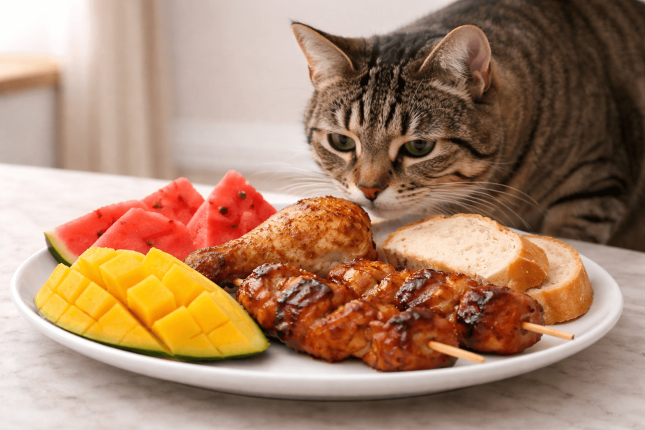 cat sniffing different human foods on a plate